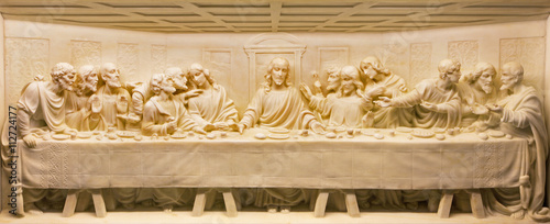 ROME, ITALY - MARCH 10, 2016: The Last Supper marble relief on the altar of church Basilica di Santa Maria Ausiliatrice by unknown artist.