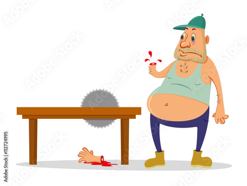 Cartoon man injured circular saw, drops of blood