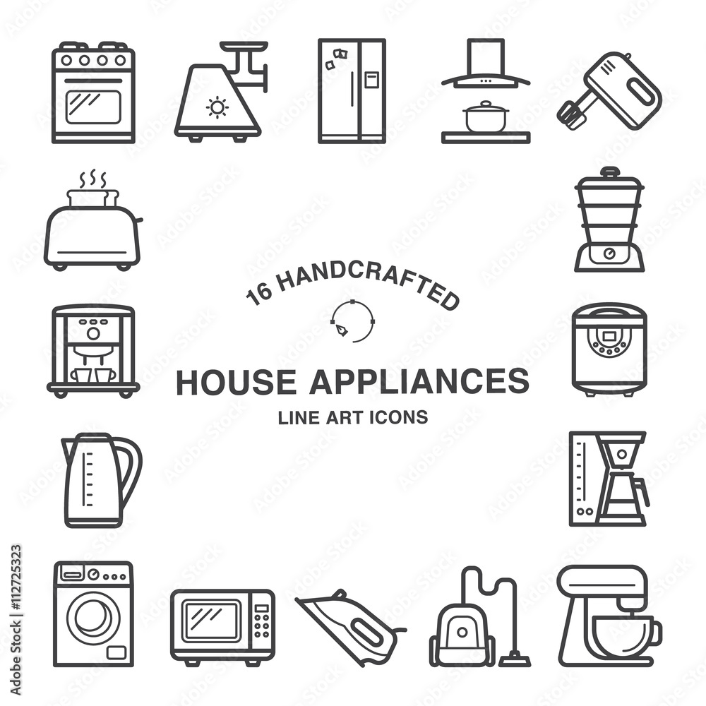Set of 16 house appliances icons made in line art style. Set of 16 house appliances icons made in line art style.