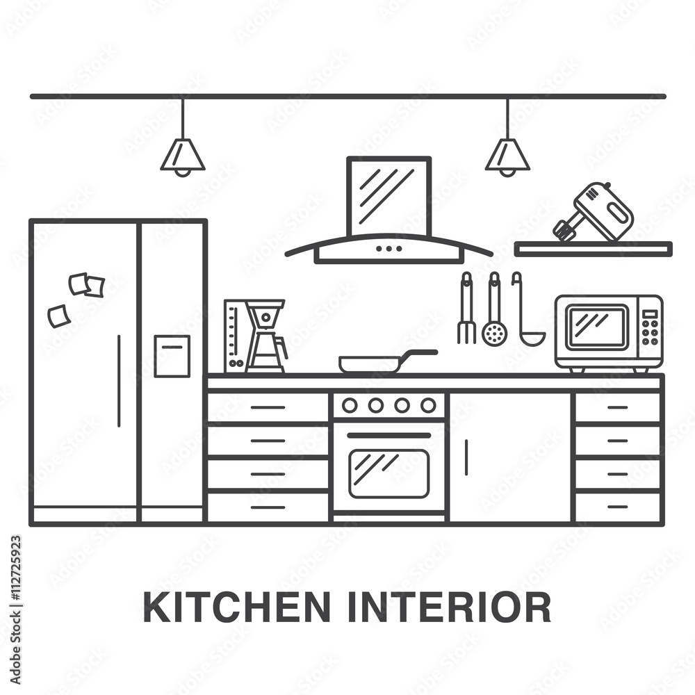 Kitchen interior illustration with appliances made in line art style. Kitchen interior illustration with appliances made in line art style.