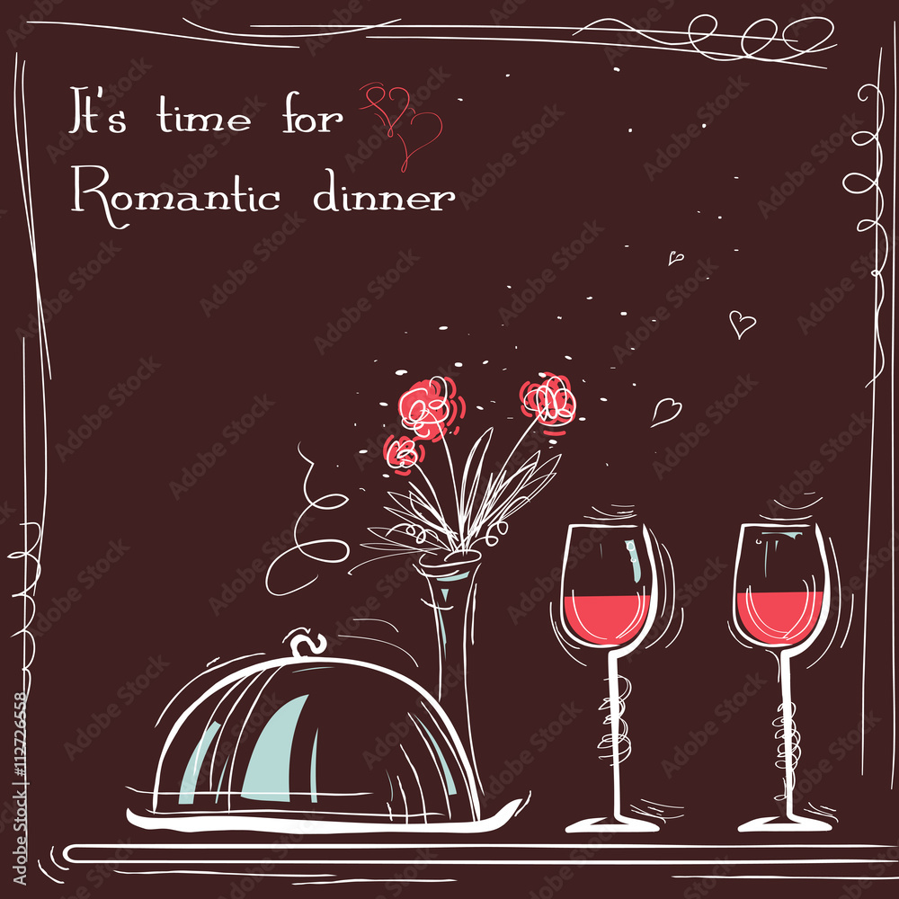 Love card romantic dinner.Vector sketch illustration with text Stock ...