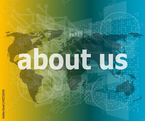 pixelated words about us on digital screen, business concept vector illustration