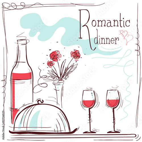 Romantic dinner card.Vector illustration with wine and food
