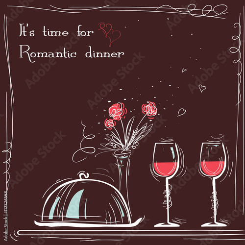 Love card romantic dinner.Vector sketch illustration with text