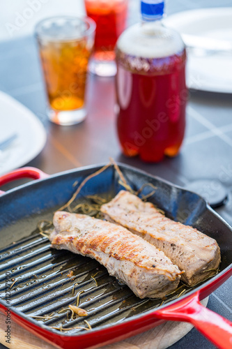 Grilled Ribeye Steak Entrecote on Grill Pan, Opening Summer Season in Garden