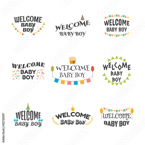 Welcome baby boy. Baby boy arrival postcards. Set of emblems, la