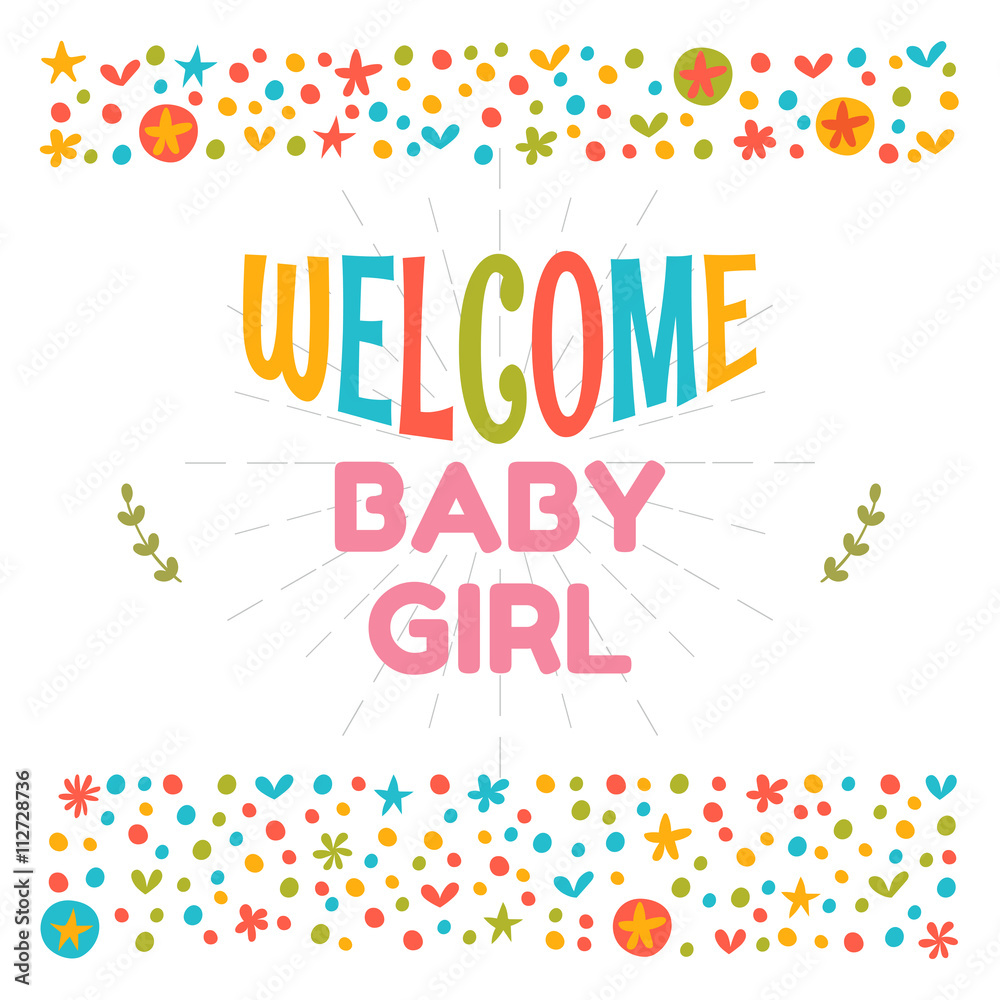 Welcome baby girl shower card. Arrival card. Cute postcard. Anno