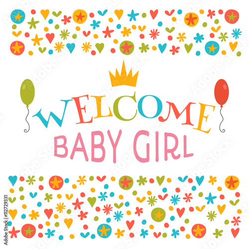 Welcome baby girl. Baby girl shower card. Announcement card. Bab