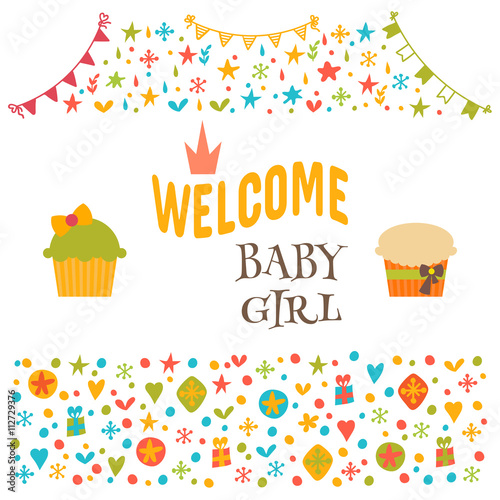 Welcome baby girl. Baby girl shower card. Baby shower greeting c