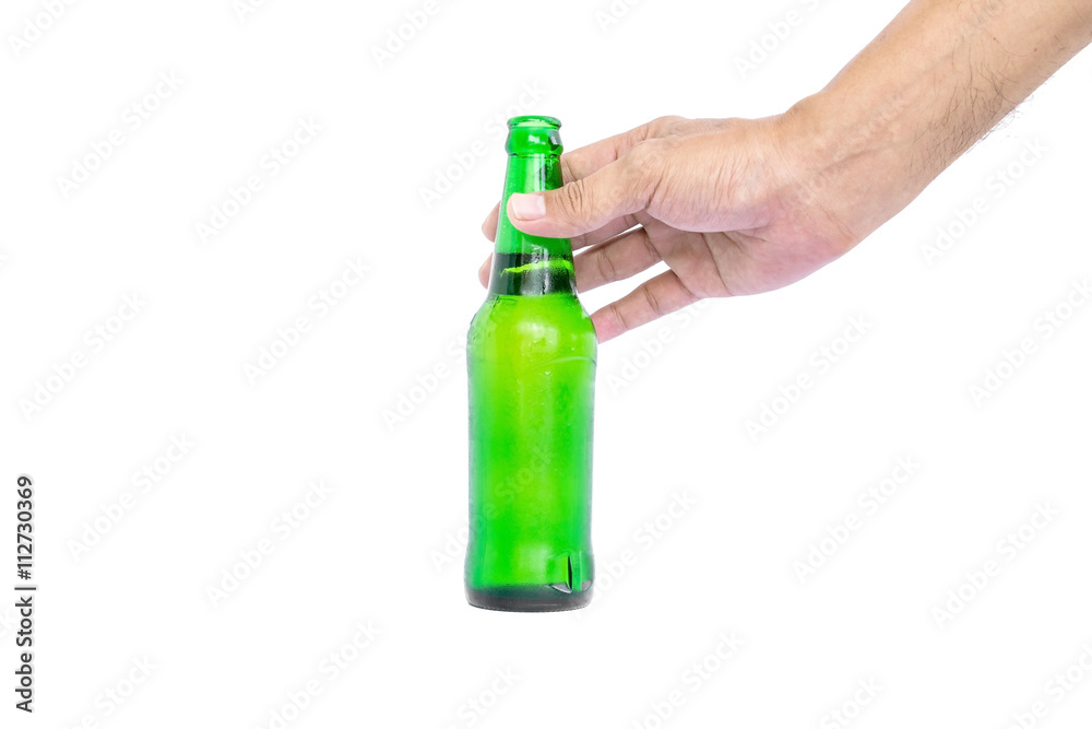 Hand holding the glass bottles for beer, alcohol or other beverage industry isolated on white background.