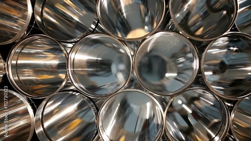 Production of metal pipes for flues and ventilation systems. Warehouse of metallic pipes. Camera flying along metal tubes.