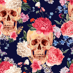 Sierkussen Doodshoofd met bloemen patronen Schedel met bloemen naadloos motief  © depiano