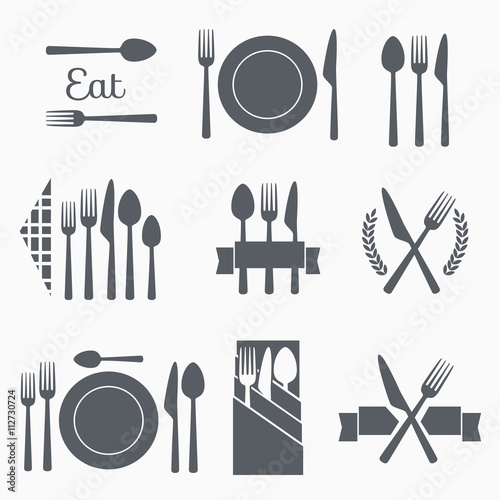 Set cutlery icon vector illustration. Black silhouette of fork, knife, spoon and plate. Table appointments. Menu