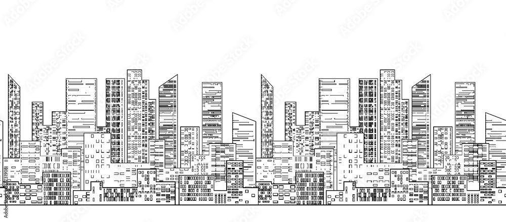 Seamless border with outline of urban skyscrapers and houses for your design