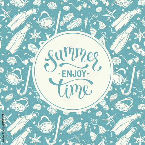Enjoy summer greeting card in vintage colors. Illustration of swimsuits, masks, shells, flippers and sunglasses. Summer time square frame composition. Hand drawn beach accessories in retro style.