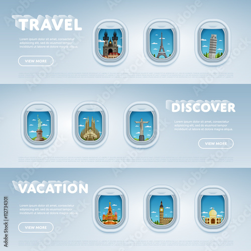 Traveling by plane. Landmarks in the window. Travel the world. Tourism and vacation theme. Modern flat design. Famous world landmarks icons. Journey around the world.