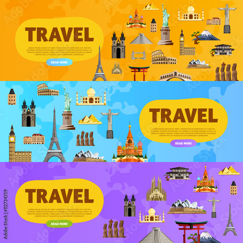 Travel the world. Monument concept. Landmarks on the globe. Tourism and vacation theme. Travelling vector illustration. Modern flat design. Famous world landmarks icons. Journey around the world.