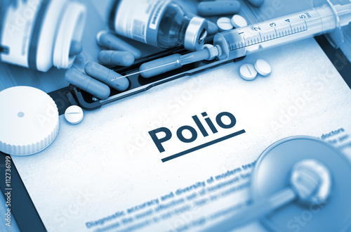 Polio, Medical Concept with Selective Focus. Polio Diagnosis, Medical Concept. Composition of Medicaments. Polio - Printed Diagnosis with Blurred Text. 3D Render.