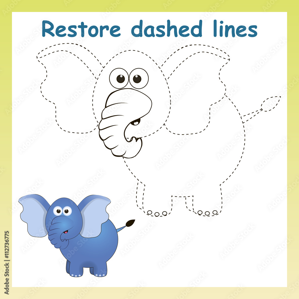 Trace game for children.Cartoon elephant. Restore dashed line and color picture! Trace game for children.Cartoon elephant. Restore dashed line and color picture!