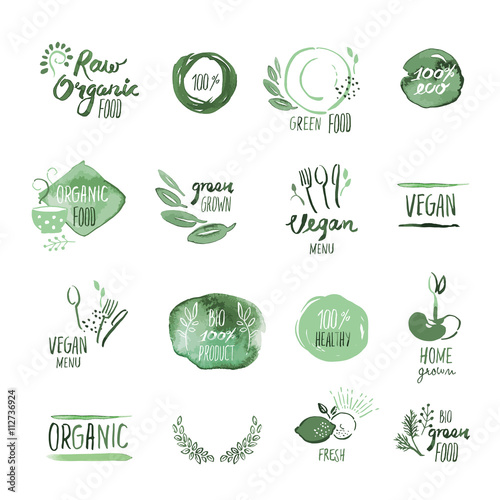 Set of organic food hand drawn watercolor stickers and elements. Vector illustrations for organic food and drink, restaurant and organic products.