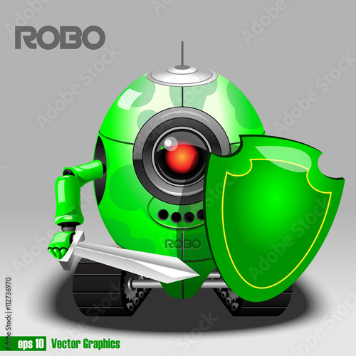 3d green robo eyeborg warrior with a sword and shield and moving as a tank. Big red and black eye and antenna. Digital vector image. photo