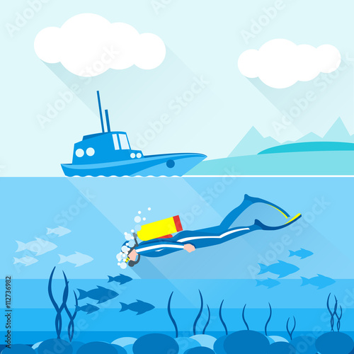 Scuba diver exploring ocean bottom with algae and fish. Blue boat at the water surface, land and white clouds. Digital vector image