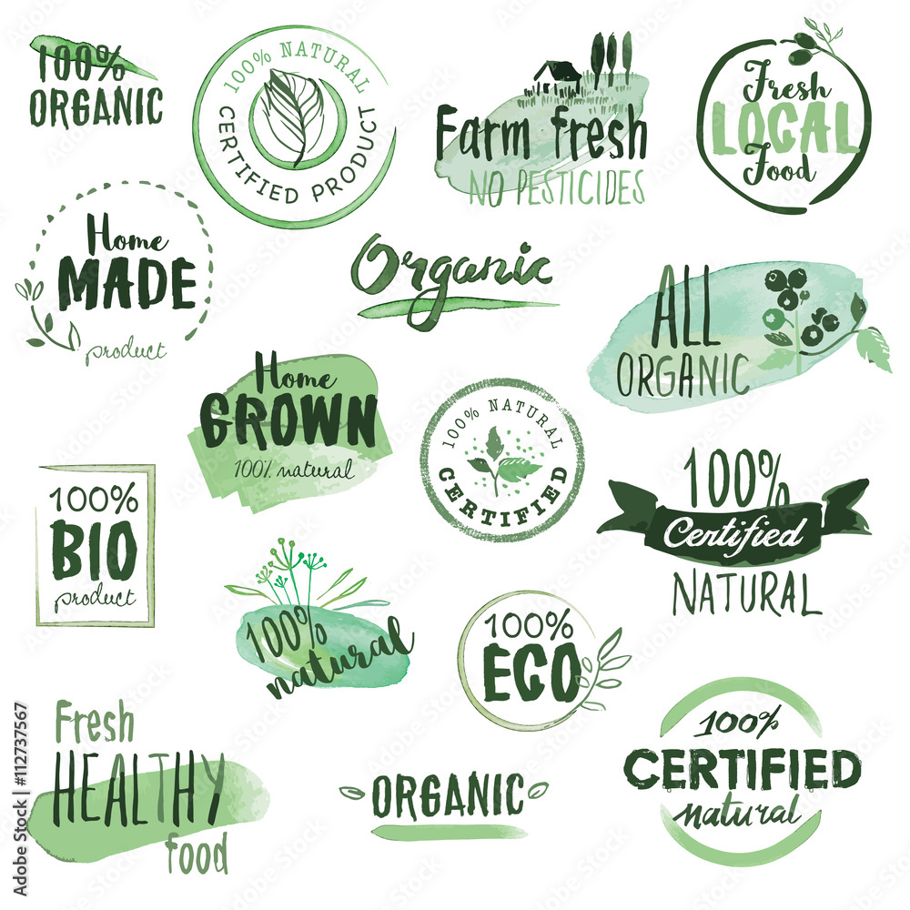 Fototapeta Organic food stickers and badges. Hand drawn watercolor vector illustration set for food and drink, restaurant, natural products.