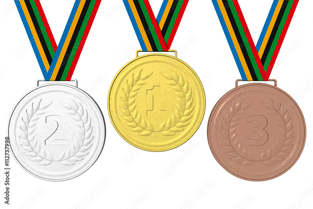 Illustrazione Stock Medaglie Podio 123 Medaglie olimpiche: Oro, Argento e  Bronzo con nastro con i colori olimpici. | Adobe Stock
