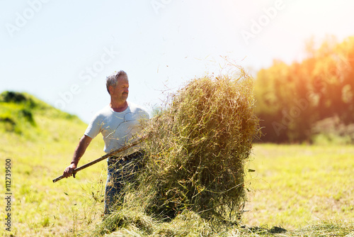 Man farmer turns the hay with a hay fork