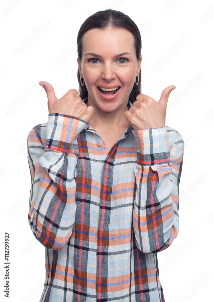 happy woman gesturing thumbs up. Isolated happy woman gesturing thumbs up. Isolated