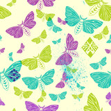 moths and tribal ornamental elements. seamless pattern