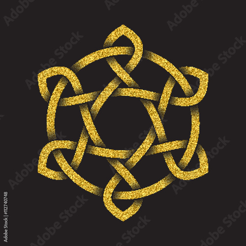 Golden glittering logo template in Celtic knots style on black background. Tribal symbol in hexagonal mandala form. Gold ornament for jewelry design.