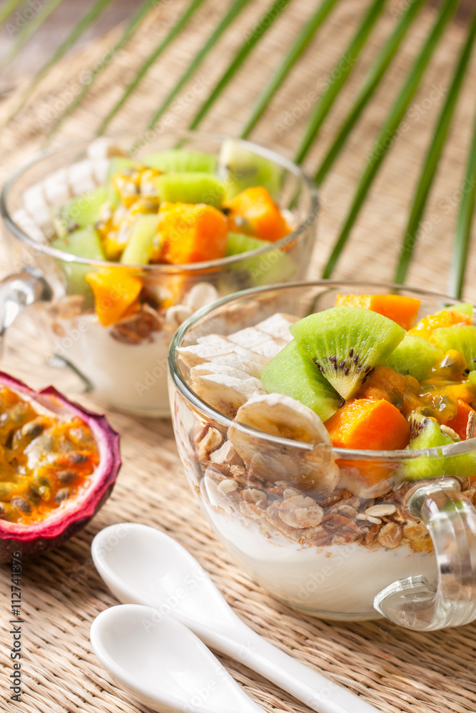 Breakfast with muesli, yoghurt, tropical fruits Breakfast with muesli, yoghurt, tropical fruits