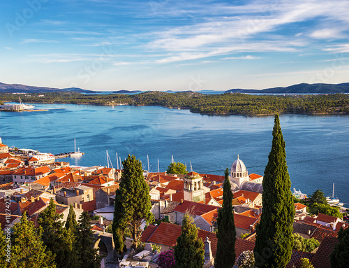 Panorama of the mediterranean city of Sibenik and the sea. Croatia