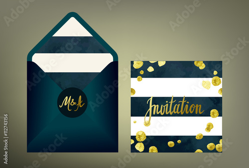 Tony wedding invitation suite. Stylish cards and envelope vector templates with hand written calligraphy elements and glitter gold blots on deep blue and white striped background.