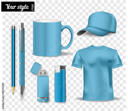 Corporate light blue identity isolated template, realistic cup,  pen, lighter, t-shirt, hat, usb-stick vector company professional  style for brand-book
 photo