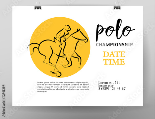 Vector hand drawn sportsman silhouette. Horse rider, polo player. Flat sport advertising design template. Placard, poster, banner, leaflet, card.