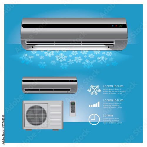 Air Conditioner Realistic and Remote Control with Cold air Symbols Vector Illustration
