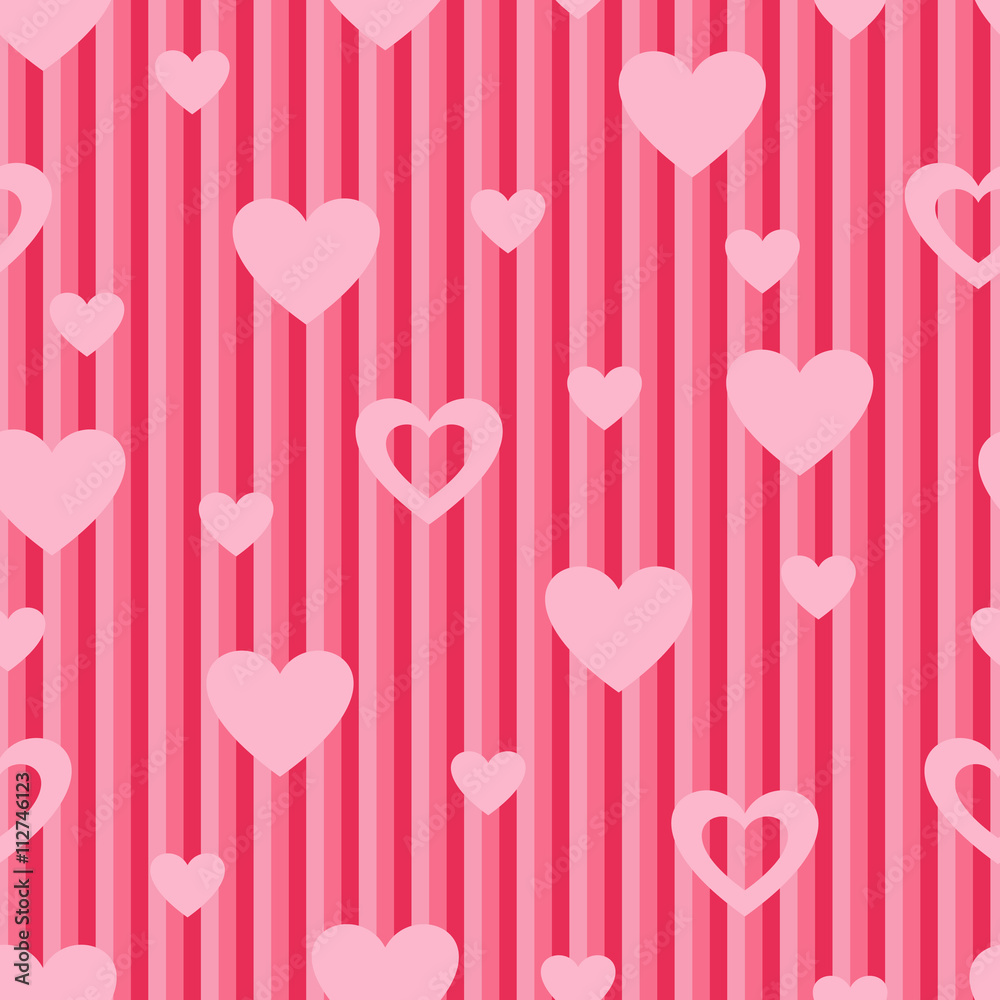 Pink seamless background of hearts and stripes