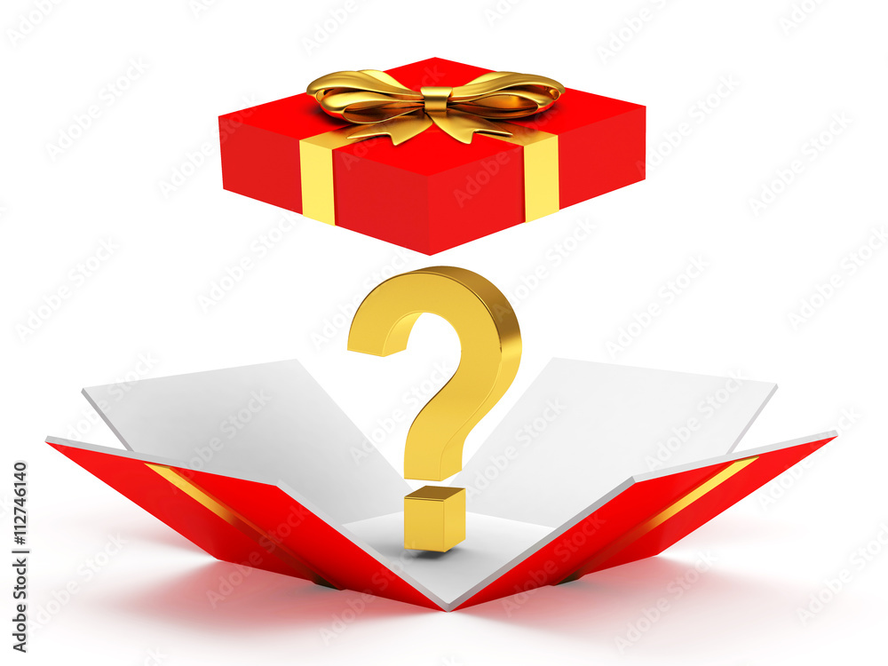 Open gift box with golden question mark inside isolated on a white ...