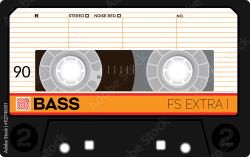 Retro plastic audio cassette, music cassette, cassette tape. Isolated on white background. Realistic illustration of old technology. Vintage tape.