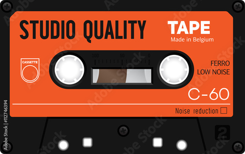 Retro plastic audio cassette, music cassette, cassette tape. Isolated on white background. Realistic illustration of old technology. Vintage tape.