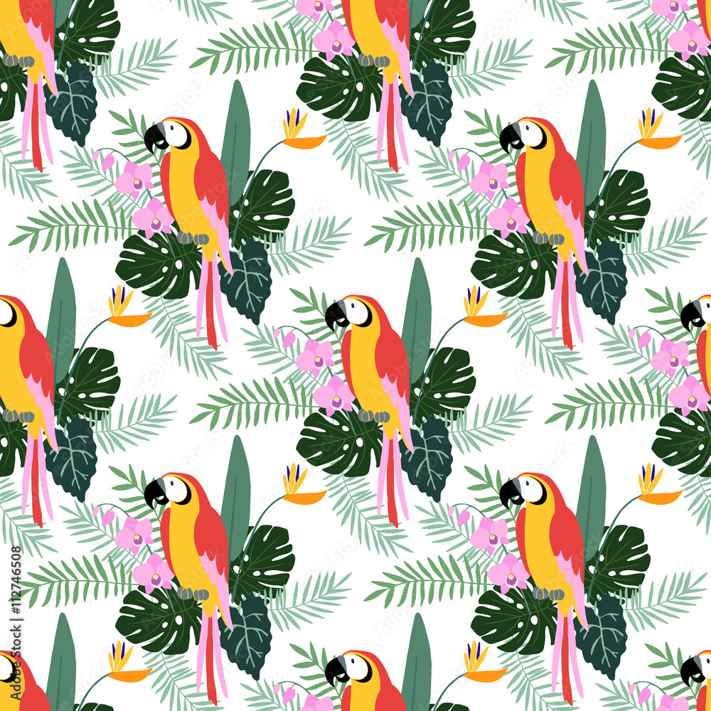 Tropical jungle seamless pattern with parrot bird, orchid and strelitzia flowers, palm and monstera leaves, flat design, vector.