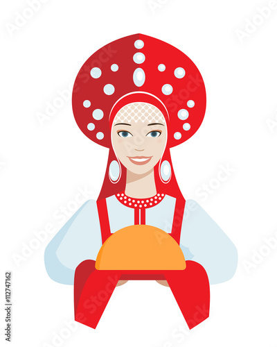 Beautiful Russian girl greets guests in traditional costume with loaf. Greeting. Young smiling woman in a red kokoshnik and sarafan. Vector illustration flat.