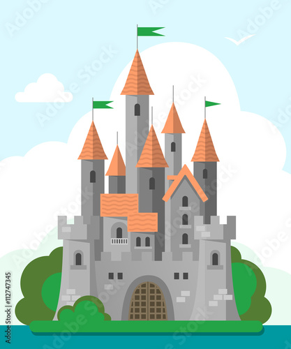 Grey castle with red roof in a flat style on white background. The castle with lots of towers on green island. Cartoon stone castle. Vector illustration.
