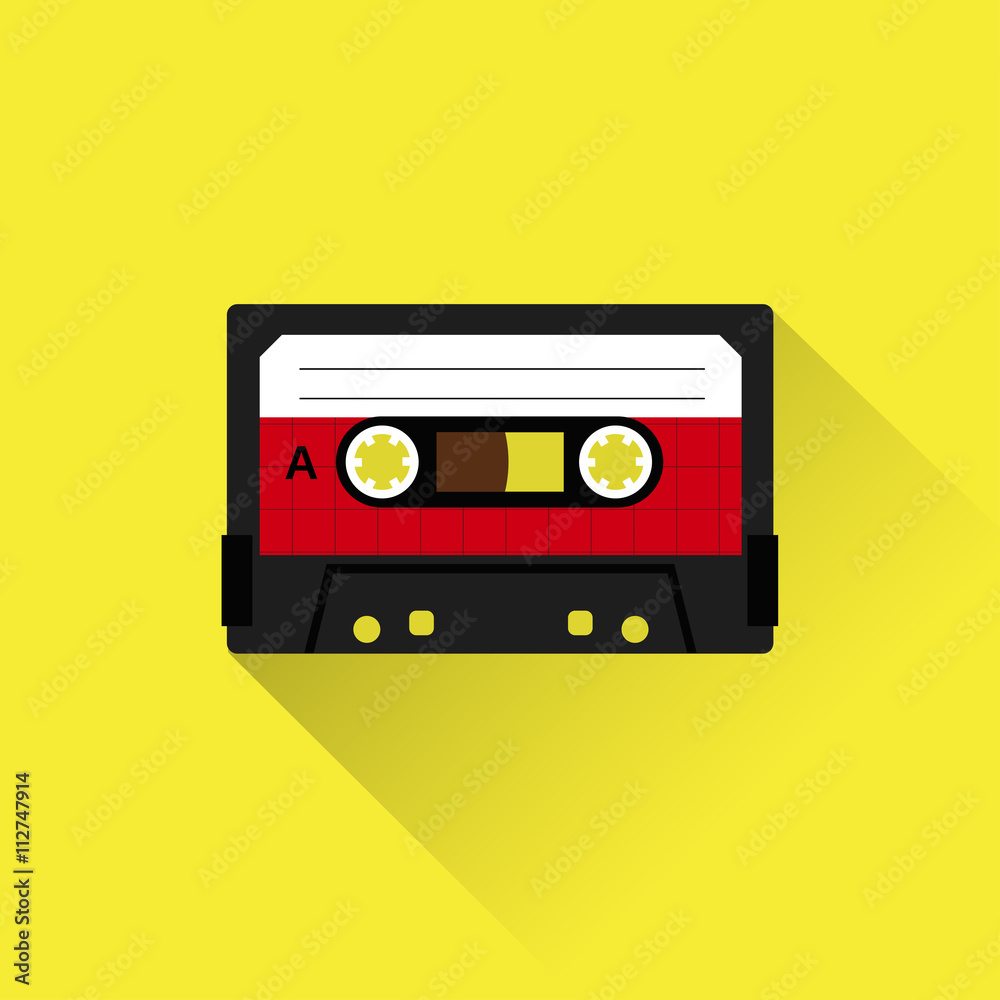 Cassette tape icon flat style. Isolated icon depicting retro technology, music tape cassette. Vintage cassette tape sign. Flat series.