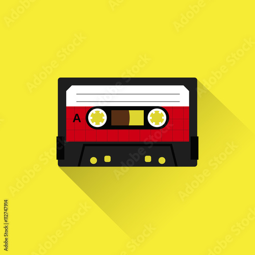 Cassette tape icon flat style. Isolated icon depicting retro technology, music tape cassette. Vintage cassette tape sign. Flat series.