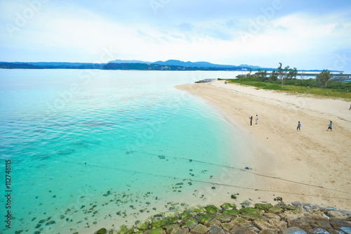 Panoramic bird eye aerial view of beautiful sea level with fantasy blue sky in Kouri island  Okinawa  Japan