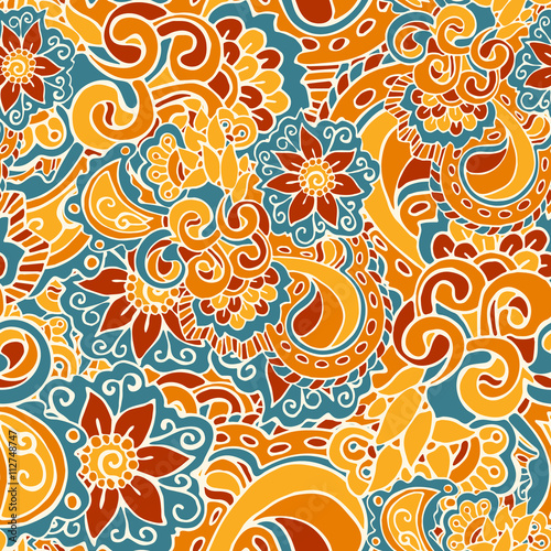 Bright seamless pattern in doodle style, colored in blue, yellow, red and orange. Hand-drawn elegant vector ornament.