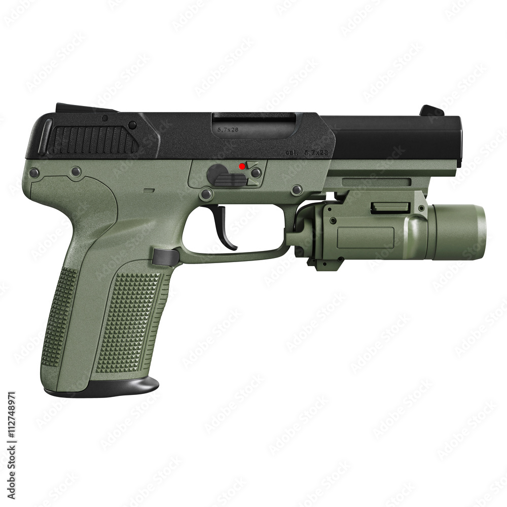 Gun green military, police with flashlight, side view. 3D graphic